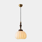 Contemporary Pumpkin Wood & Silk Beige Pendant Light