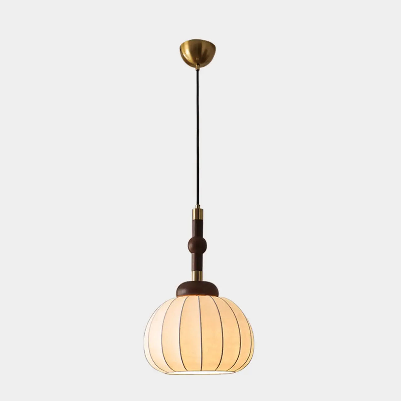 Contemporary Pumpkin Wood & Silk Beige Pendant Light