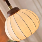 Contemporary Pumpkin Wood & Silk Beige Pendant Light