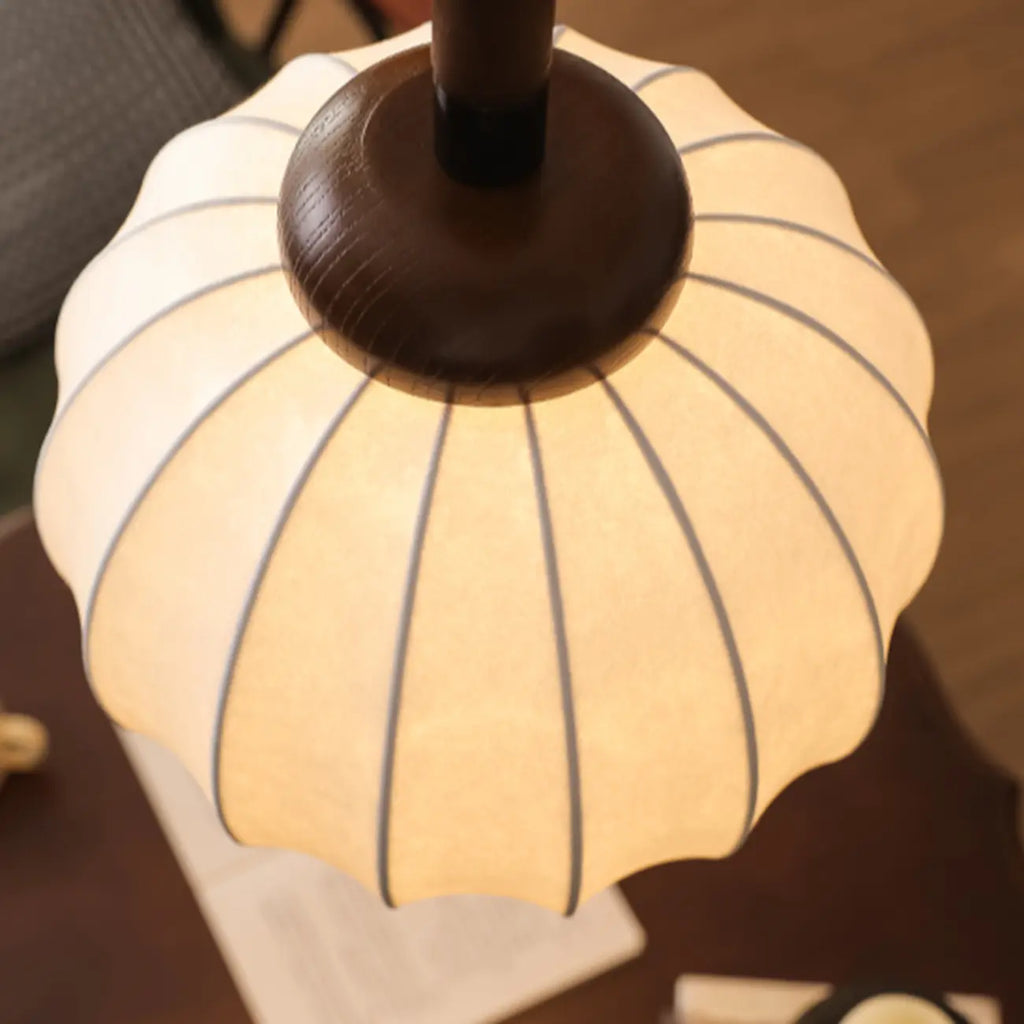 Contemporary Pumpkin Wood & Silk Beige Pendant Light