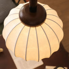 Contemporary Pumpkin Wood & Silk Beige Pendant Light