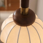 Contemporary Pumpkin Wood & Silk Beige Pendant Light