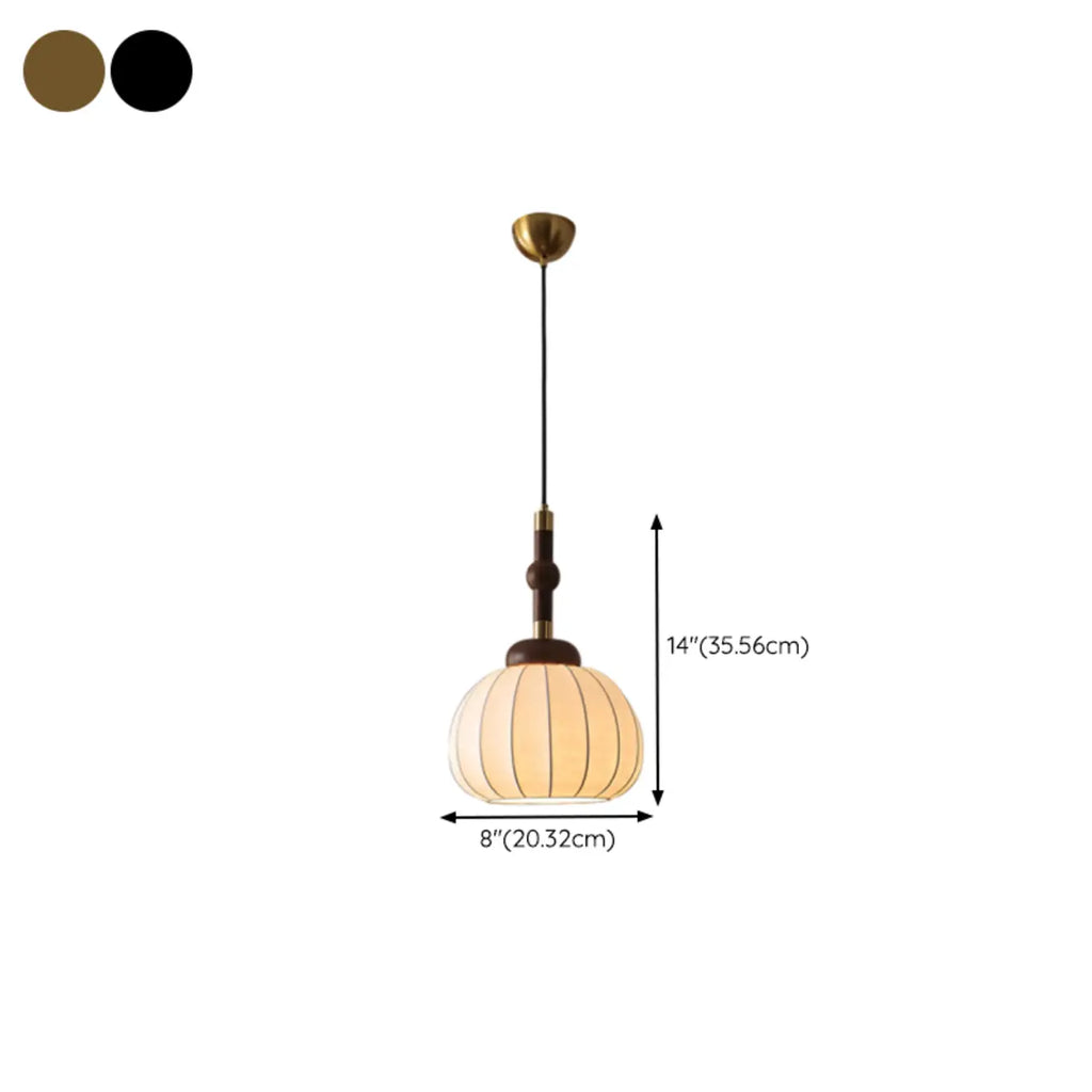 Contemporary Pumpkin Wood & Silk Beige Pendant Light