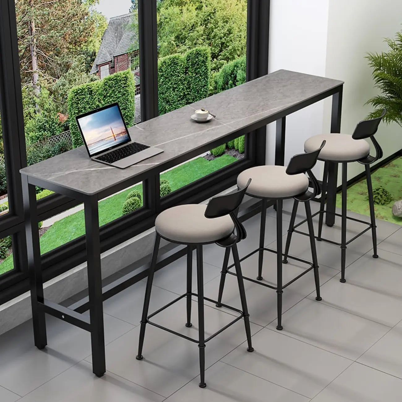 Modern Grey Stone Top Bar Height Table with Trestle Base