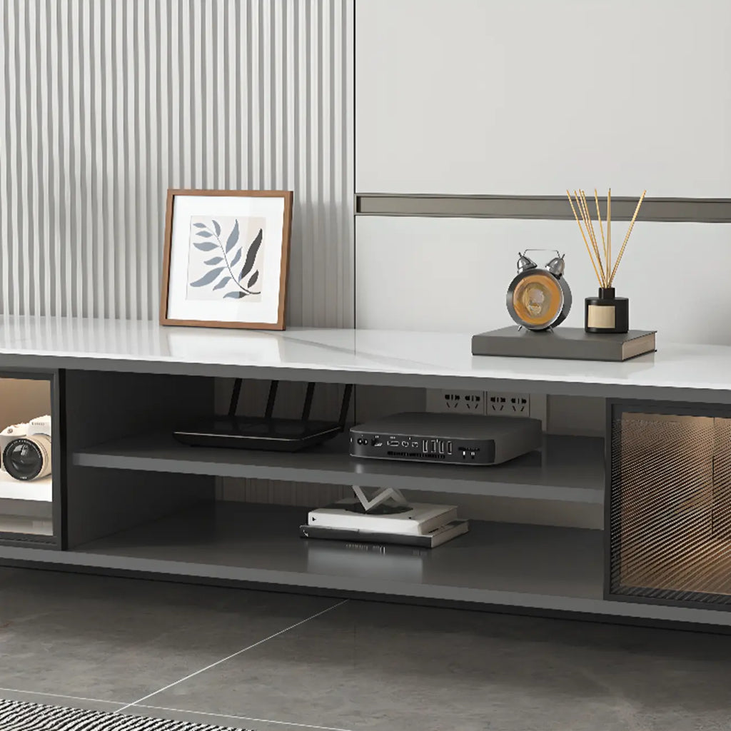 71 Modern Grey Stone Open Shelf TV Stand with Glass Doors
