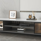 71 Modern Grey Stone Open Shelf TV Stand with Glass Doors