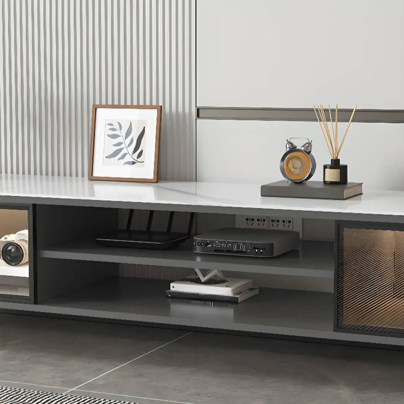 71 Modern Grey Stone Open Shelf TV Stand with Glass Doors