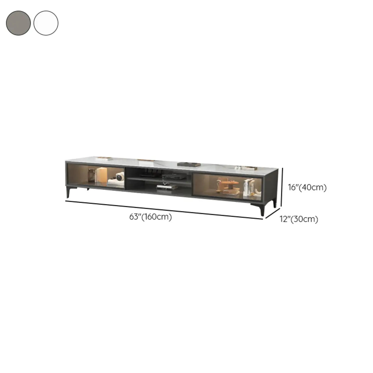 71 Modern Grey Stone Open Shelf TV Stand with Glass Doors