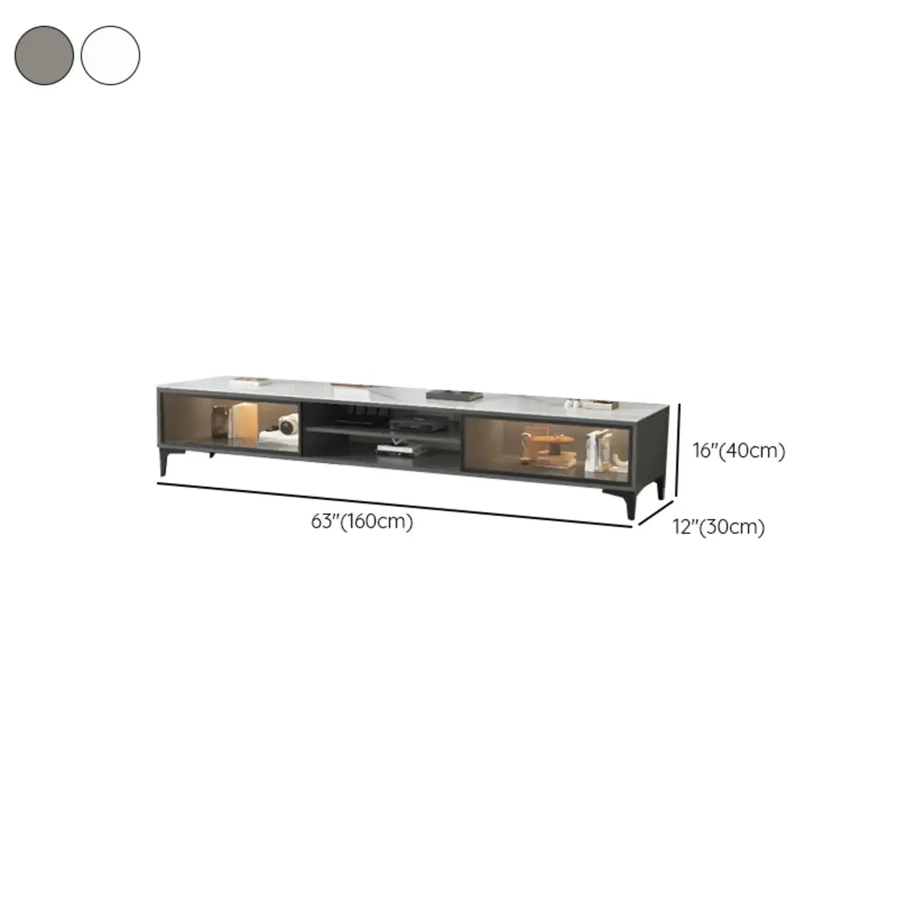 71 Modern Grey Stone Open Shelf TV Stand with Glass Doors