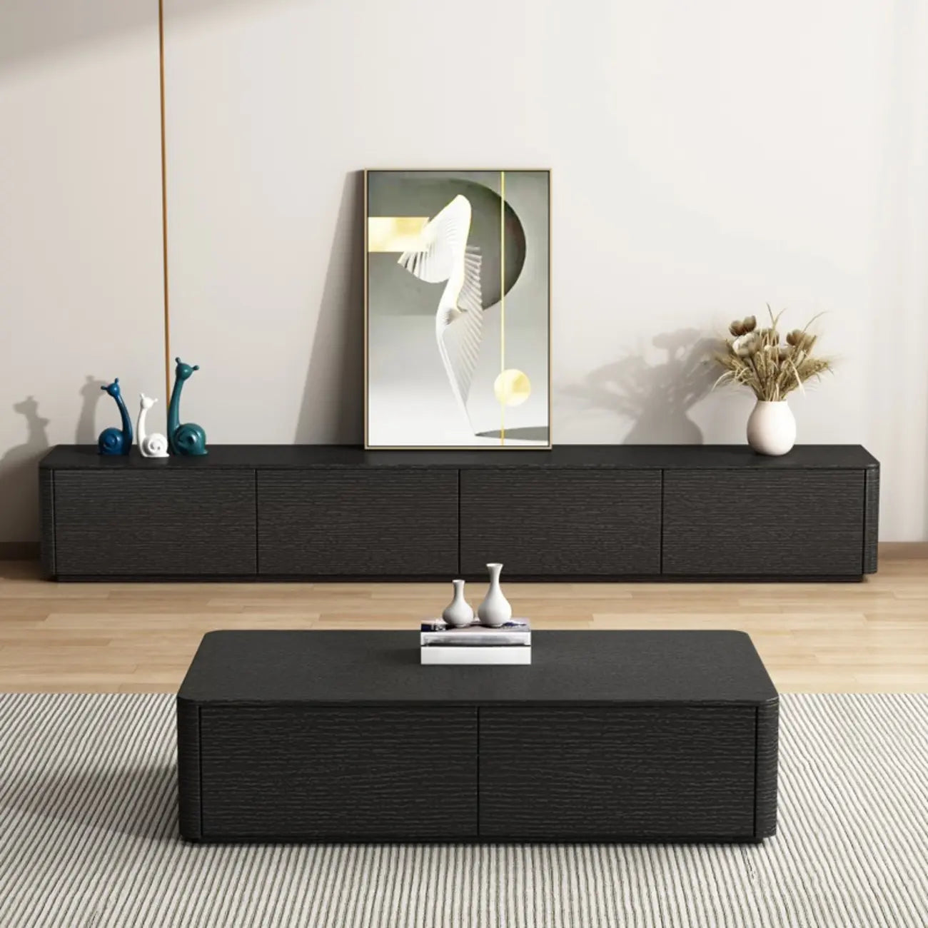 79 Black Wood Long Cable Management TV Stand with Drawer
