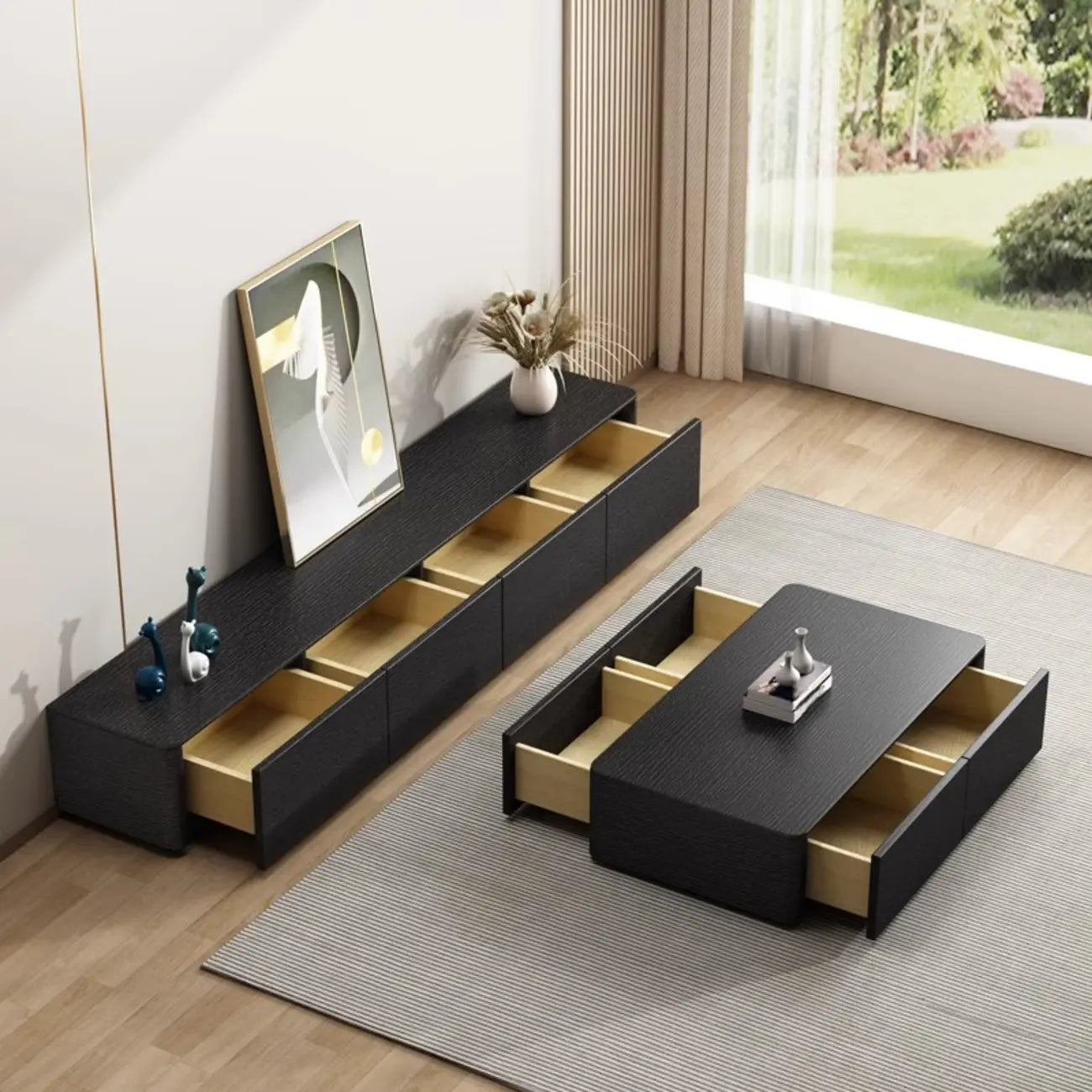 79 Black Wood Long Cable Management TV Stand with Drawer