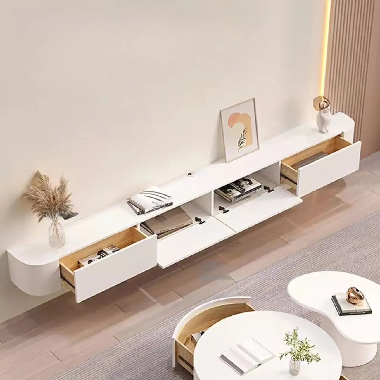 55 White Rubberwood Floating TV Stand with Cable Management