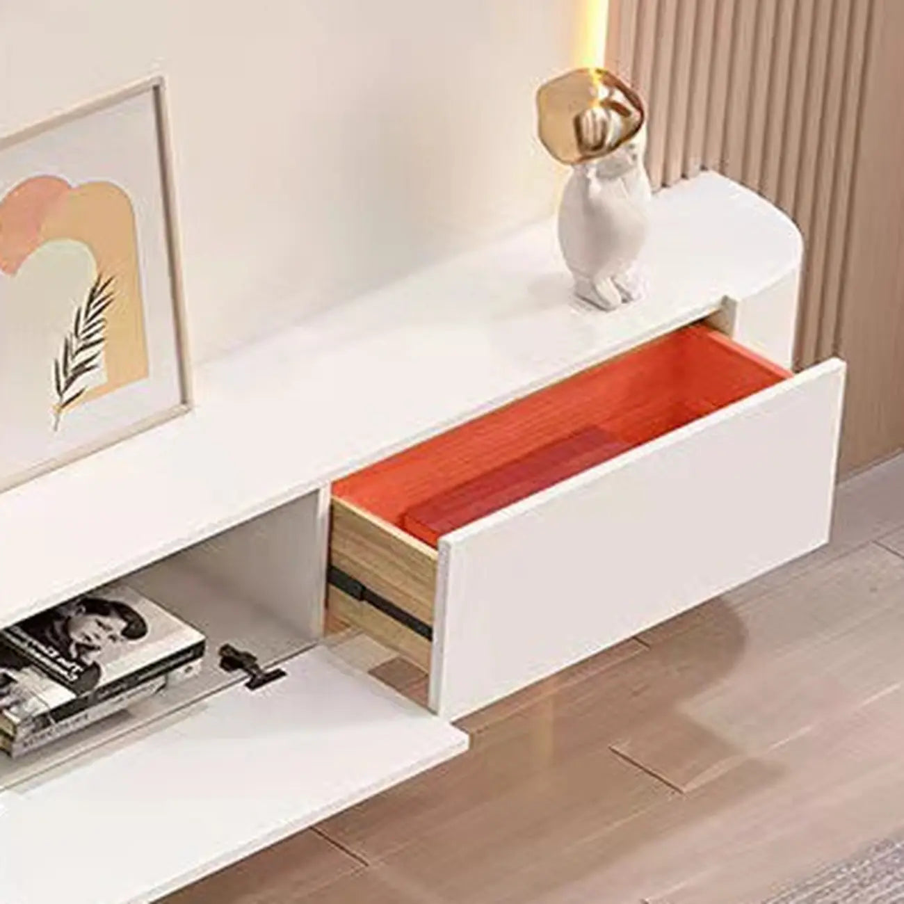 55 White Rubberwood Floating TV Stand with Cable Management