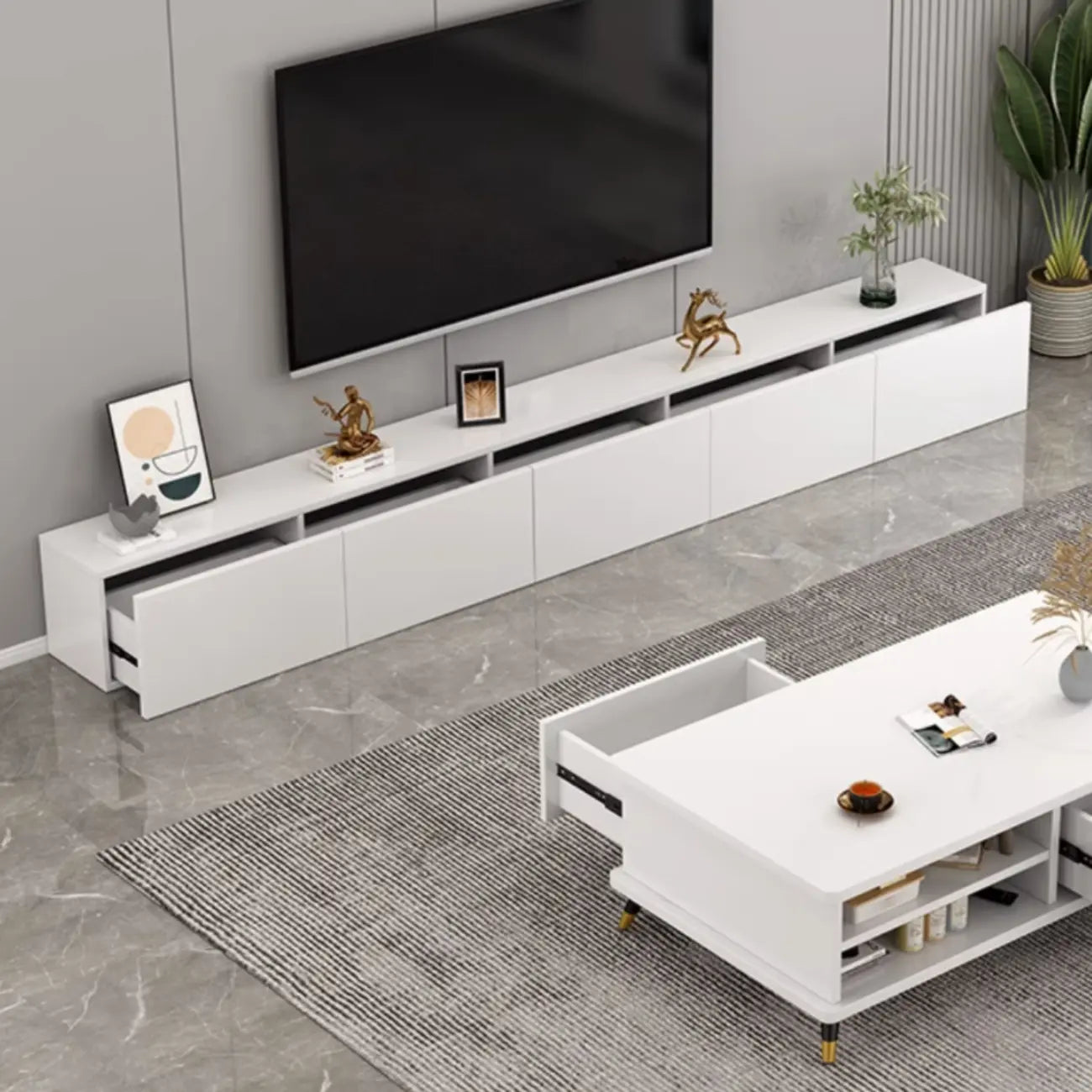 71 Living Room White Wood Rectangular TV Stand with Storage