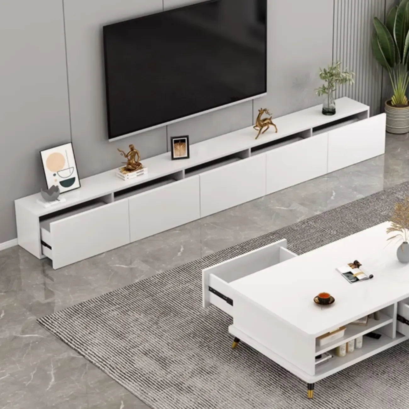 71 Living Room White Wood Rectangular TV Stand with Storage