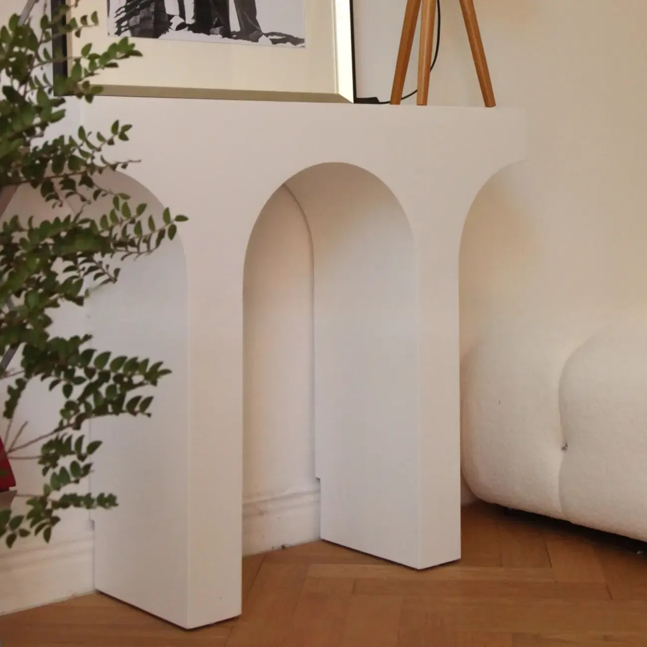 Arched Wood White Double Pedestal Console Table