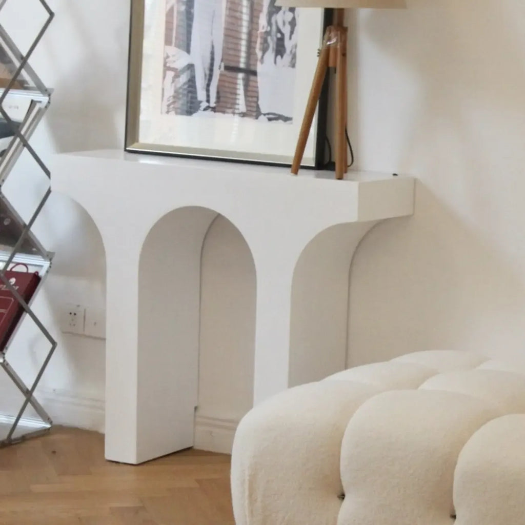 Arched Wood White Double Pedestal Console Table