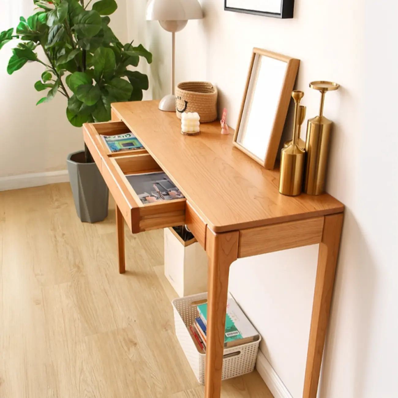 Rectangular Cherry Wood 2 Drawers Console Table