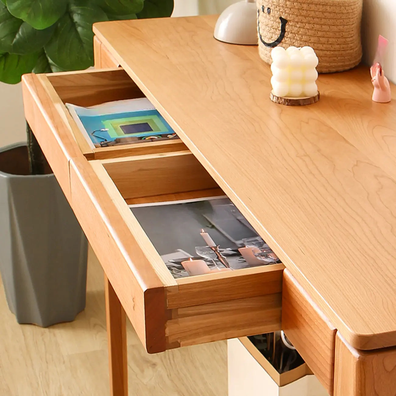 Rectangular Cherry Wood 2 Drawers Console Table