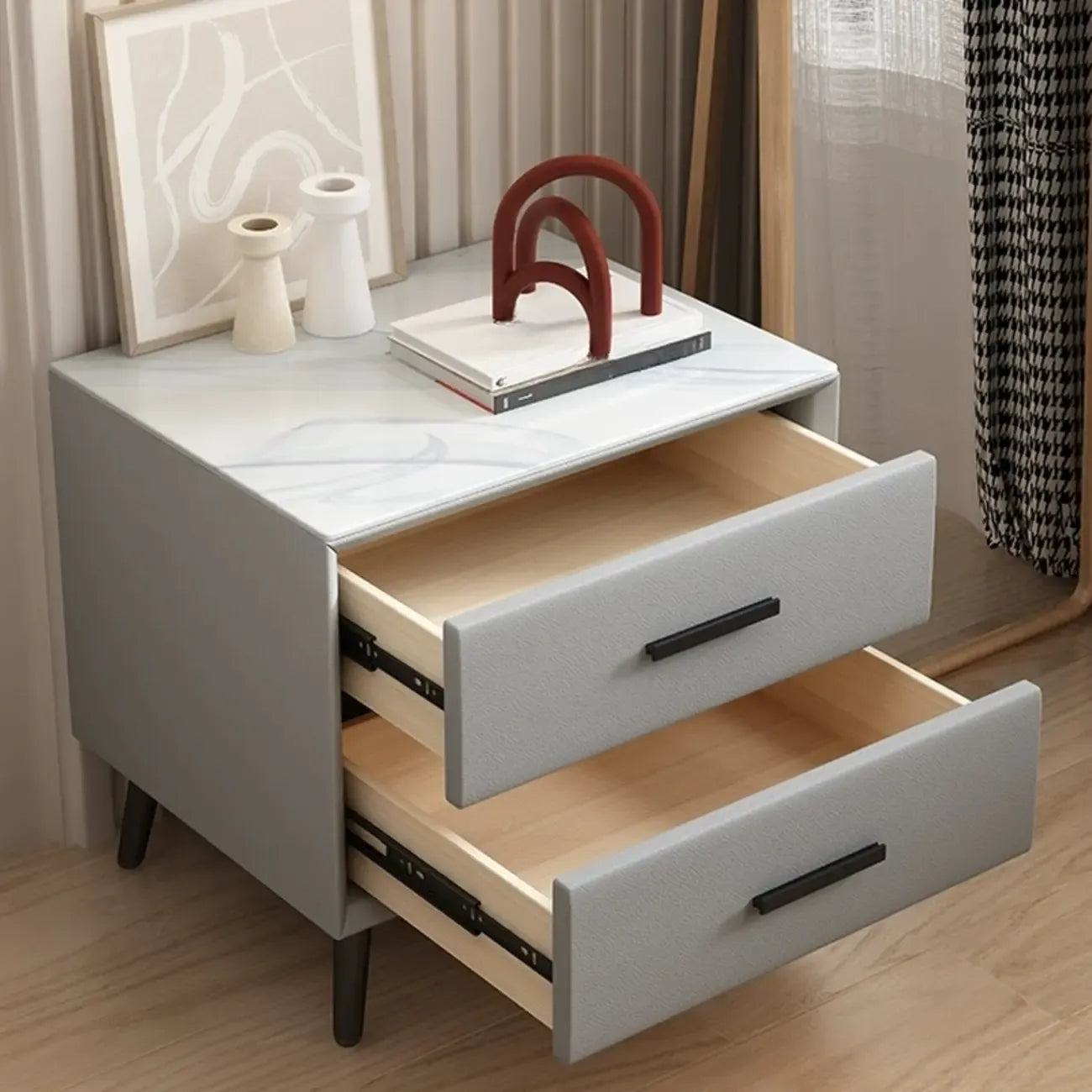 Modern white bedside table with two storage drawers