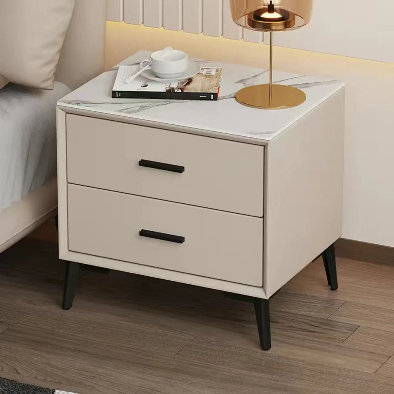 Modern white bedside table with two storage drawers