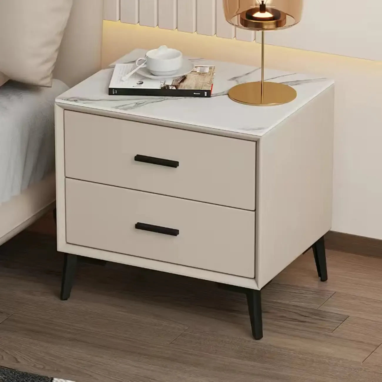 Modern white bedside table with two storage drawers