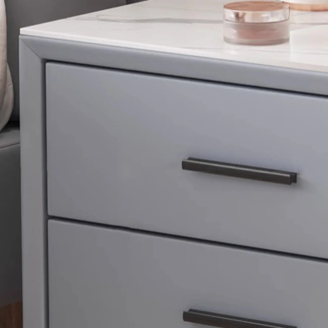 Modern white bedside table with two storage drawers