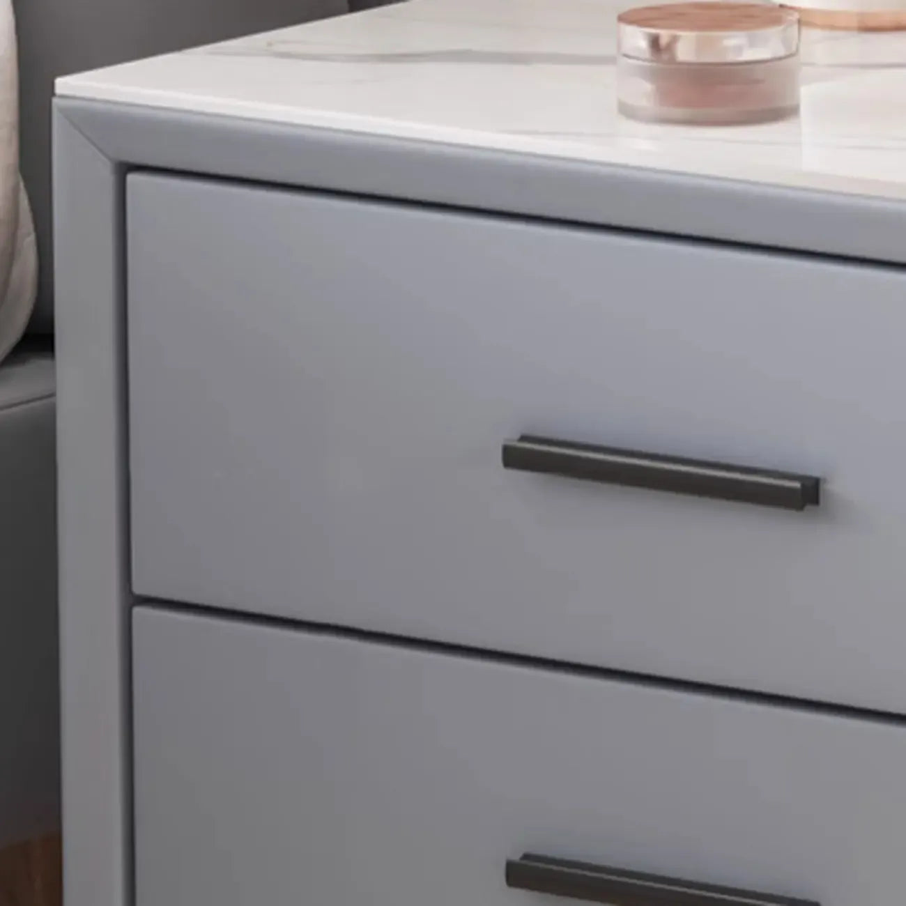 Modern white bedside table with two storage drawers