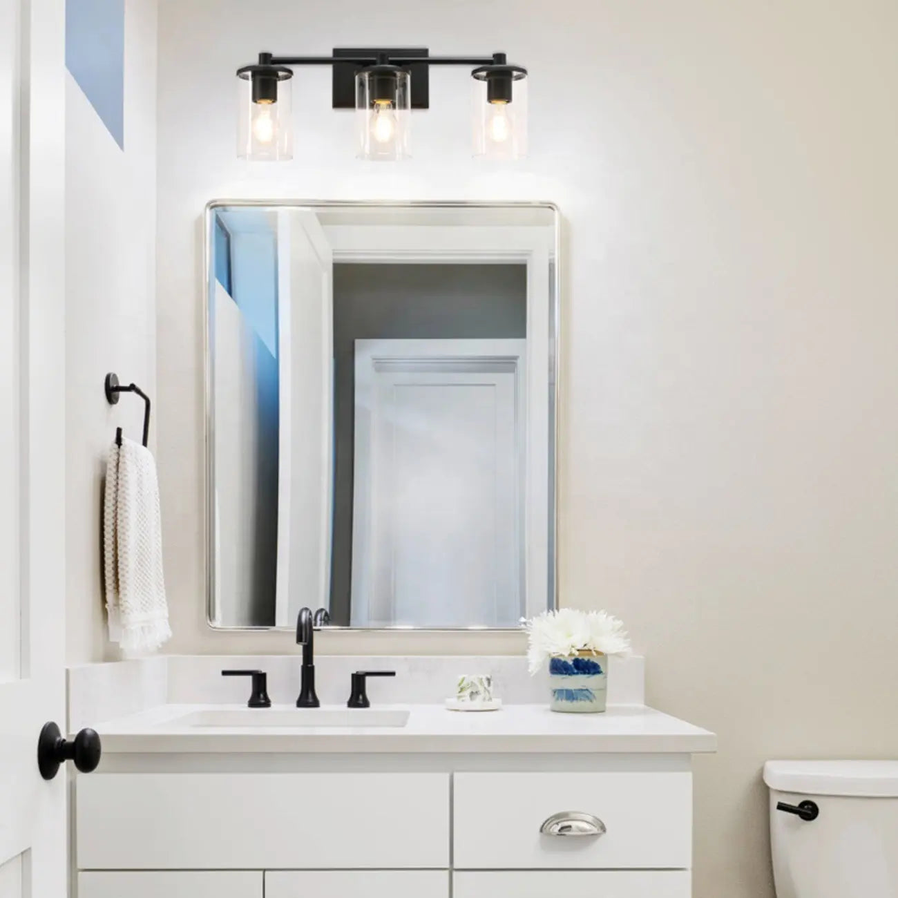 3-Light Black Clear Glass Cylinder Vanity Lights