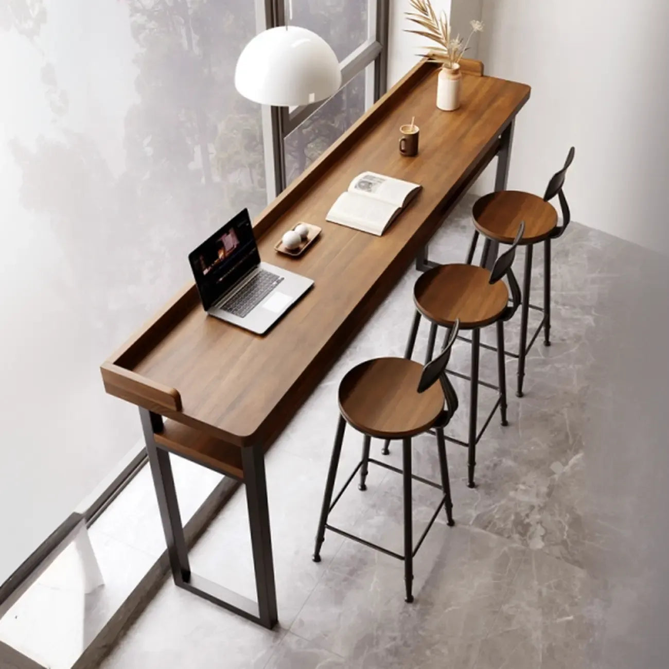 Sleek Brown Pine Shelf Storage Bar Tables