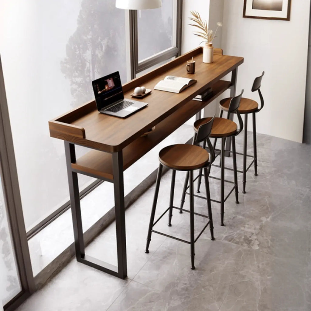 Sleek Brown Pine Shelf Storage Bar Tables