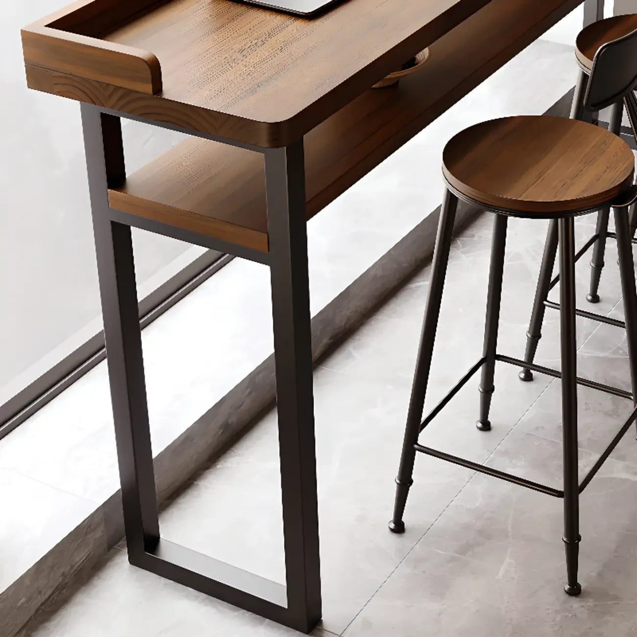 Sleek Brown Pine Shelf Storage Bar Tables