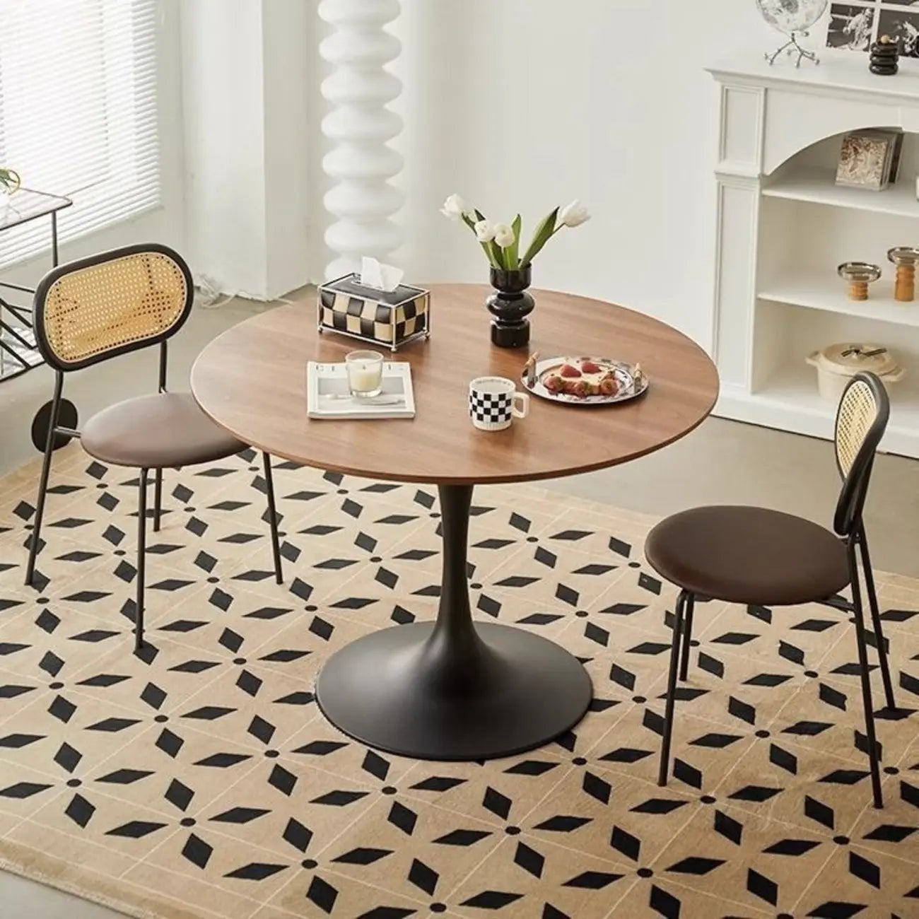 Casual Black Metal Wood Round Dining Table