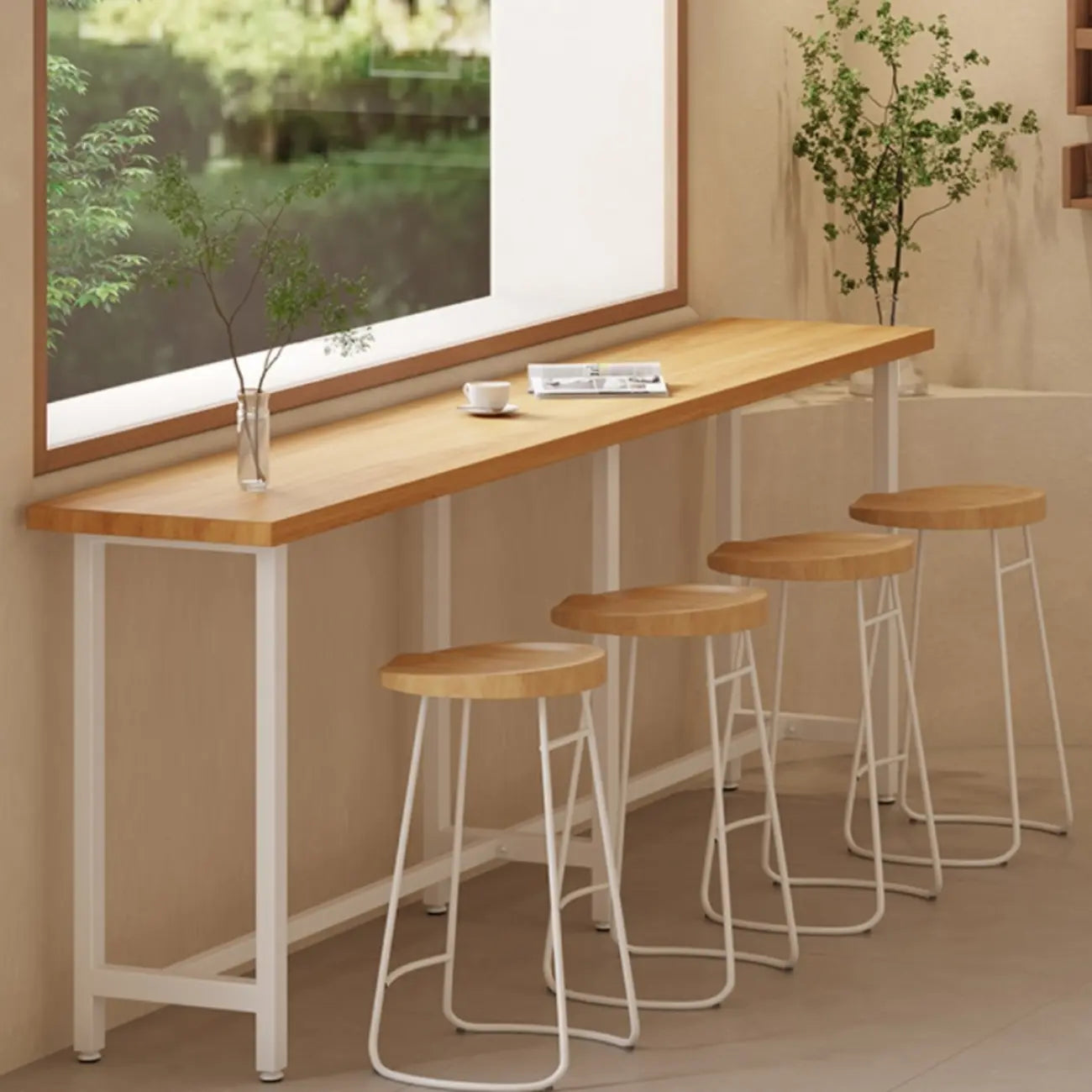 Natural Wooden Top Bar Table Metal Base with Footrest