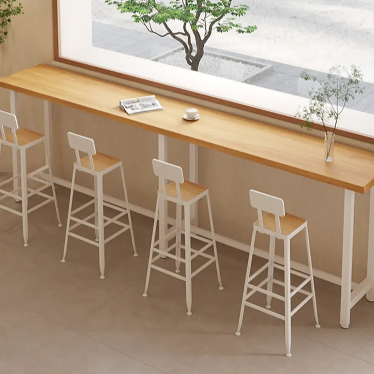 Natural Wooden Top Bar Table Metal Base with Footrest
