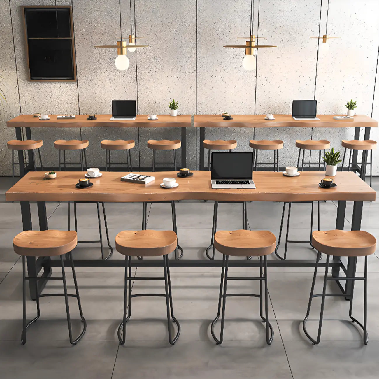 Modern Wooden Freeform Pub Table with Metal Trestle Base