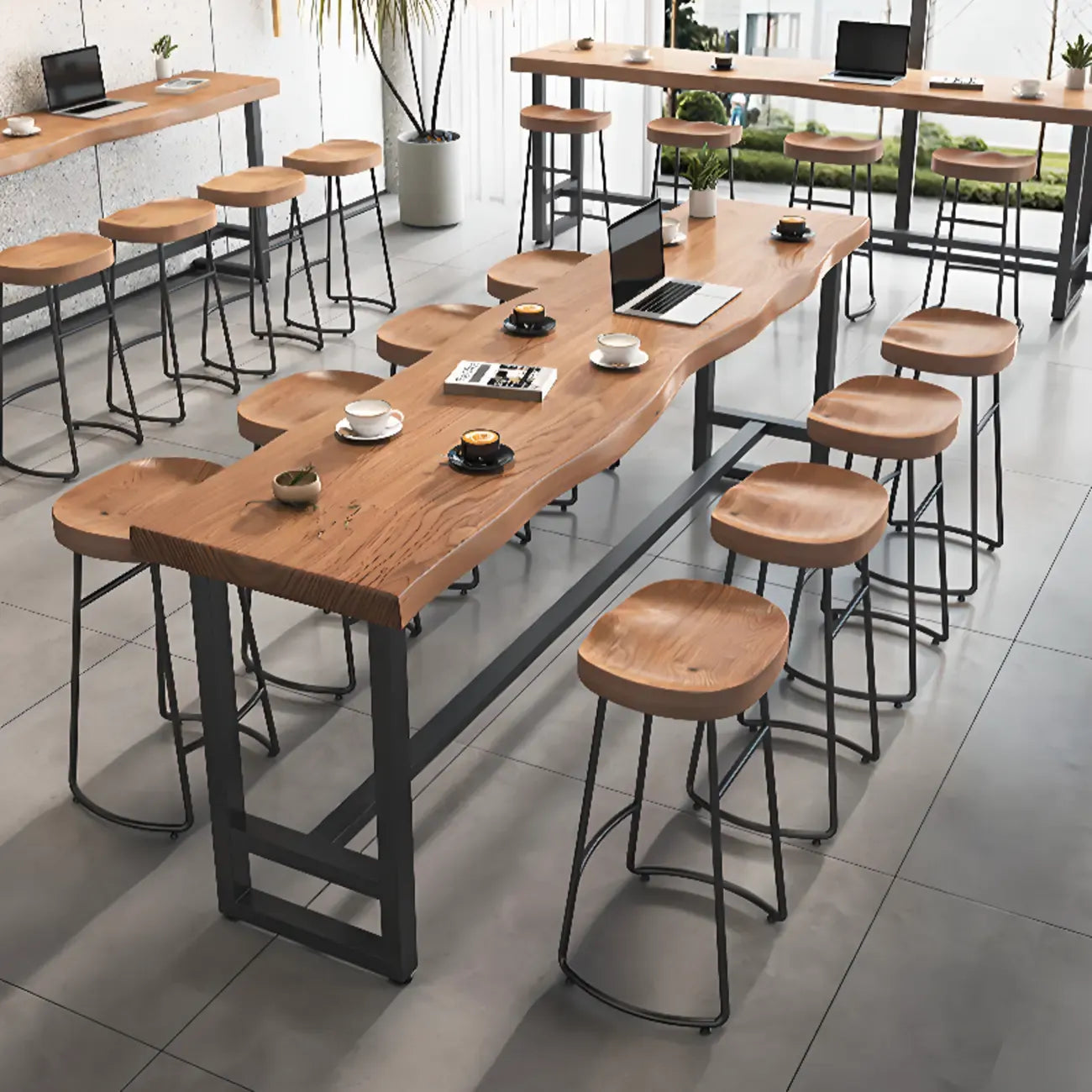 Modern Wooden Freeform Pub Table with Metal Trestle Base