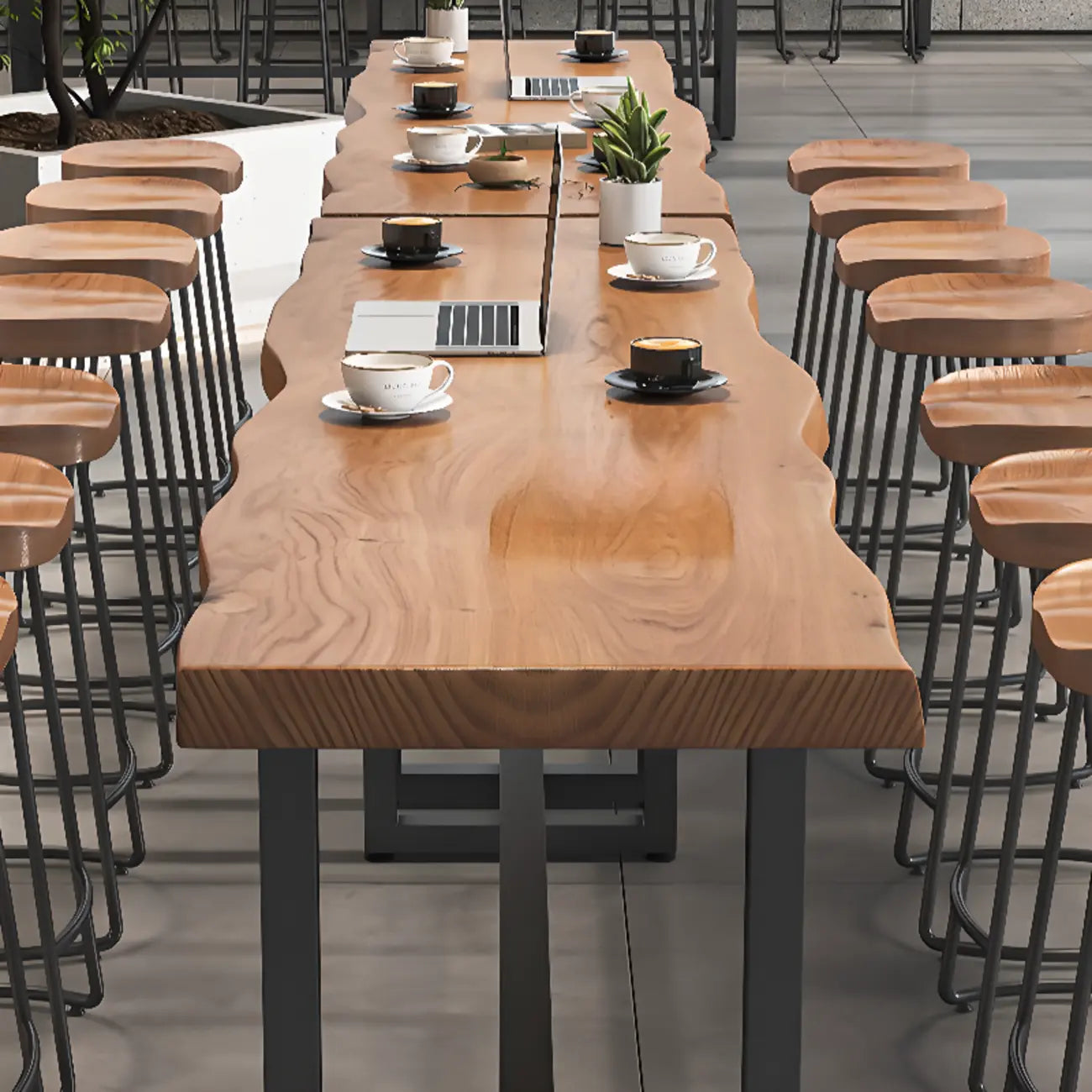 Modern Wooden Freeform Pub Table with Metal Trestle Base