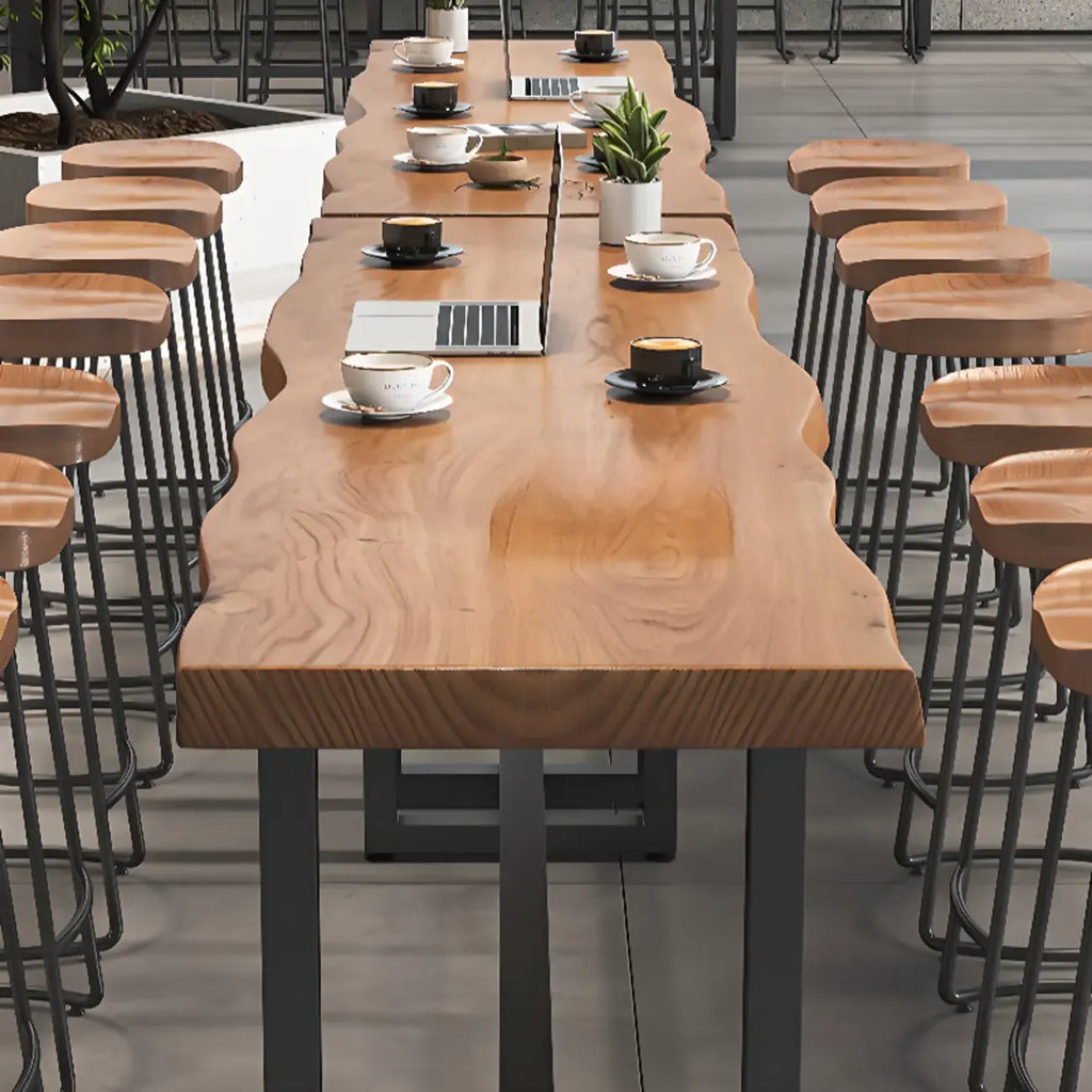 Modern Wooden Freeform Pub Table with Metal Trestle Base