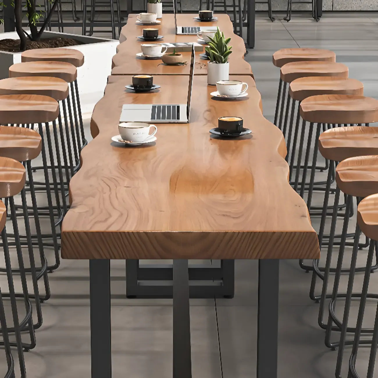 Modern Wooden Freeform Pub Table with Metal Trestle Base