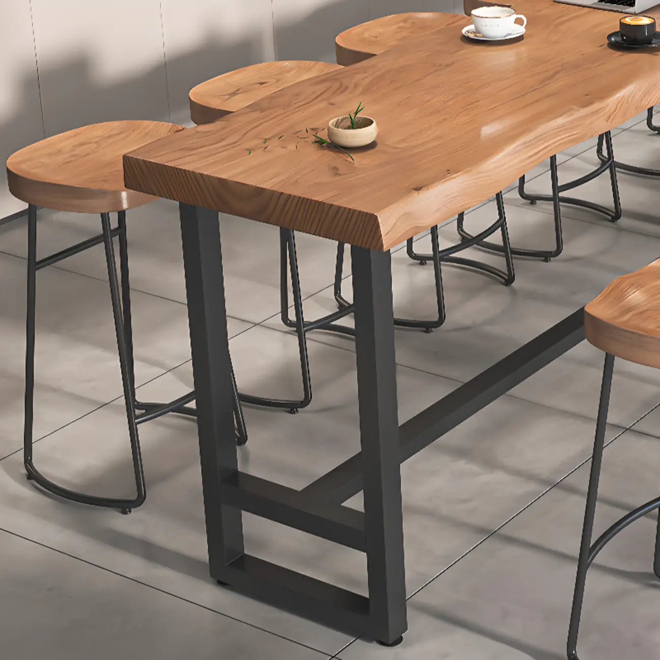 Modern Wooden Freeform Pub Table with Metal Trestle Base