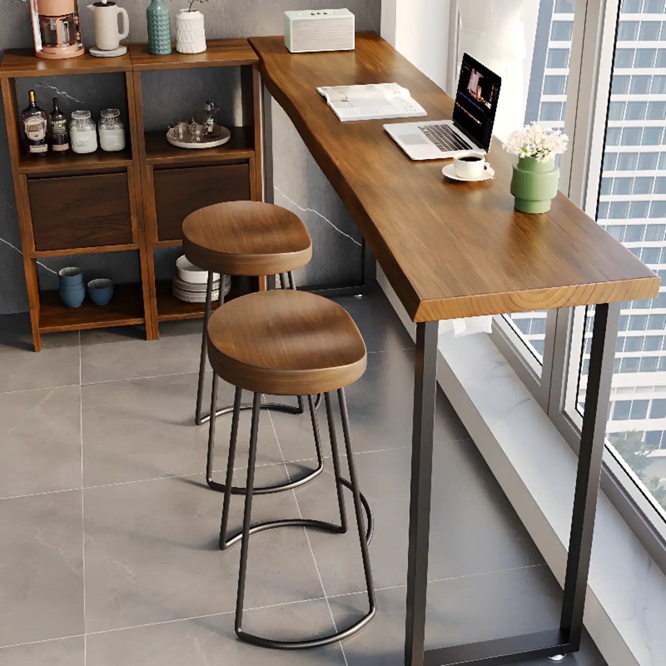 Rectangle Wooden Bar Height Table Metal Sled Base