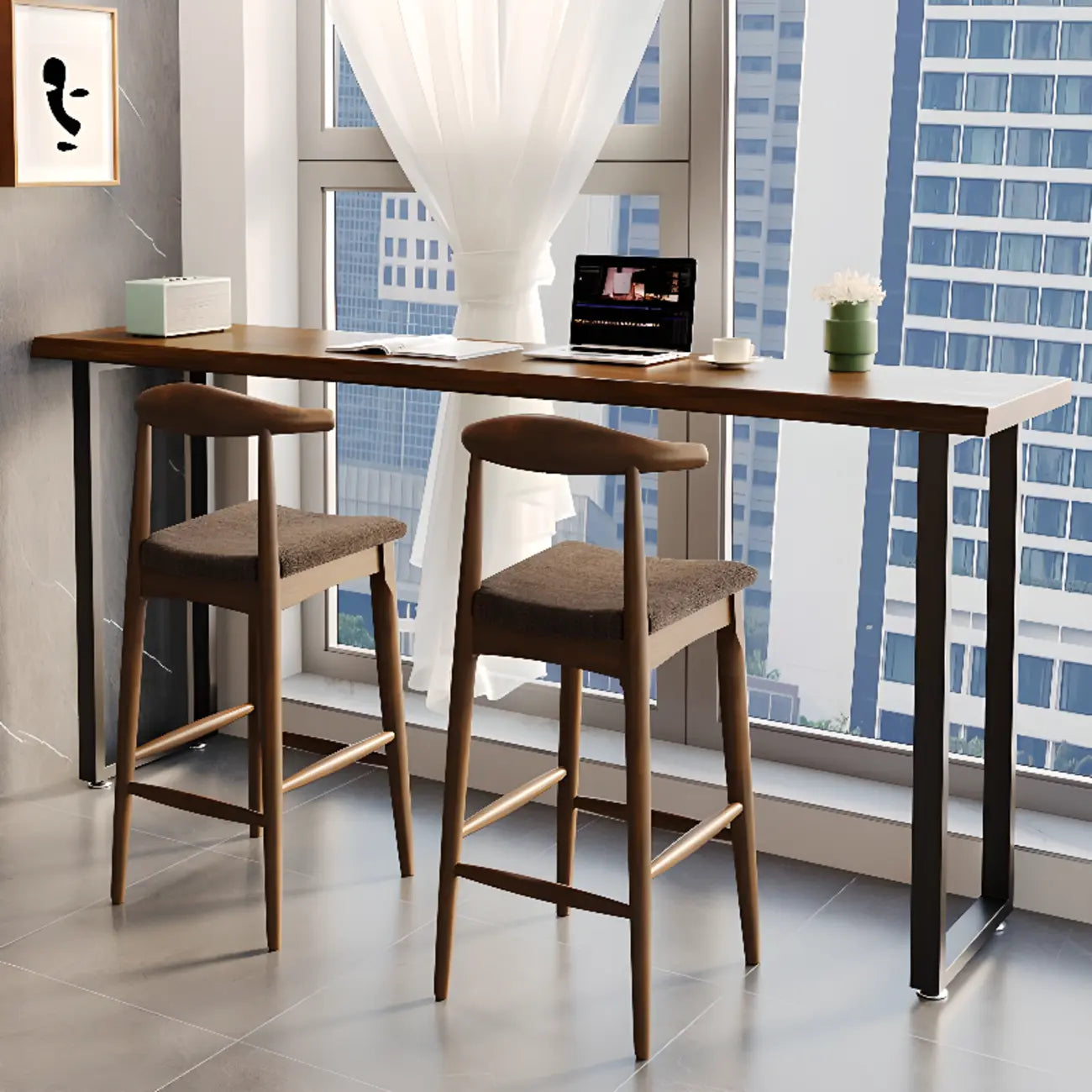 Rectangle Wooden Bar Height Table Metal Sled Base