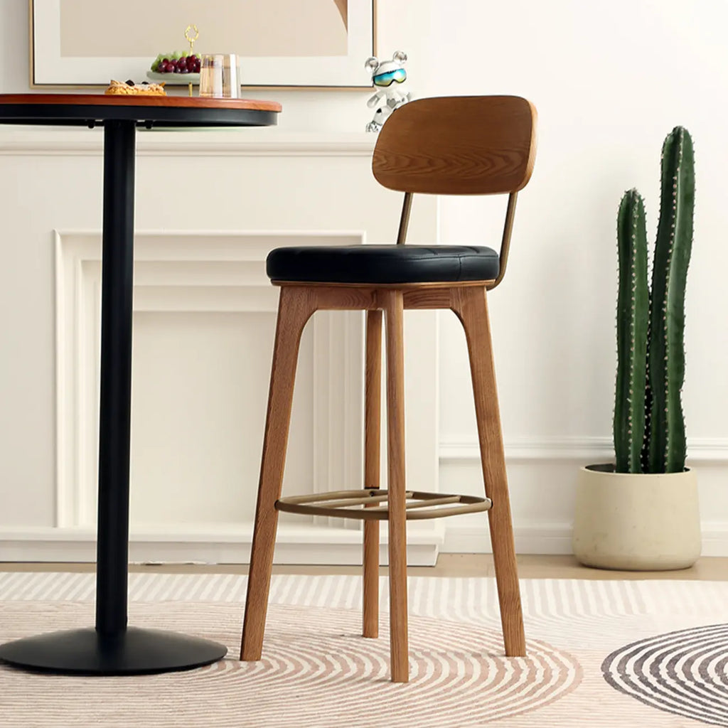 Wooden Square Leather Upholstered Bar Stool with Backrest