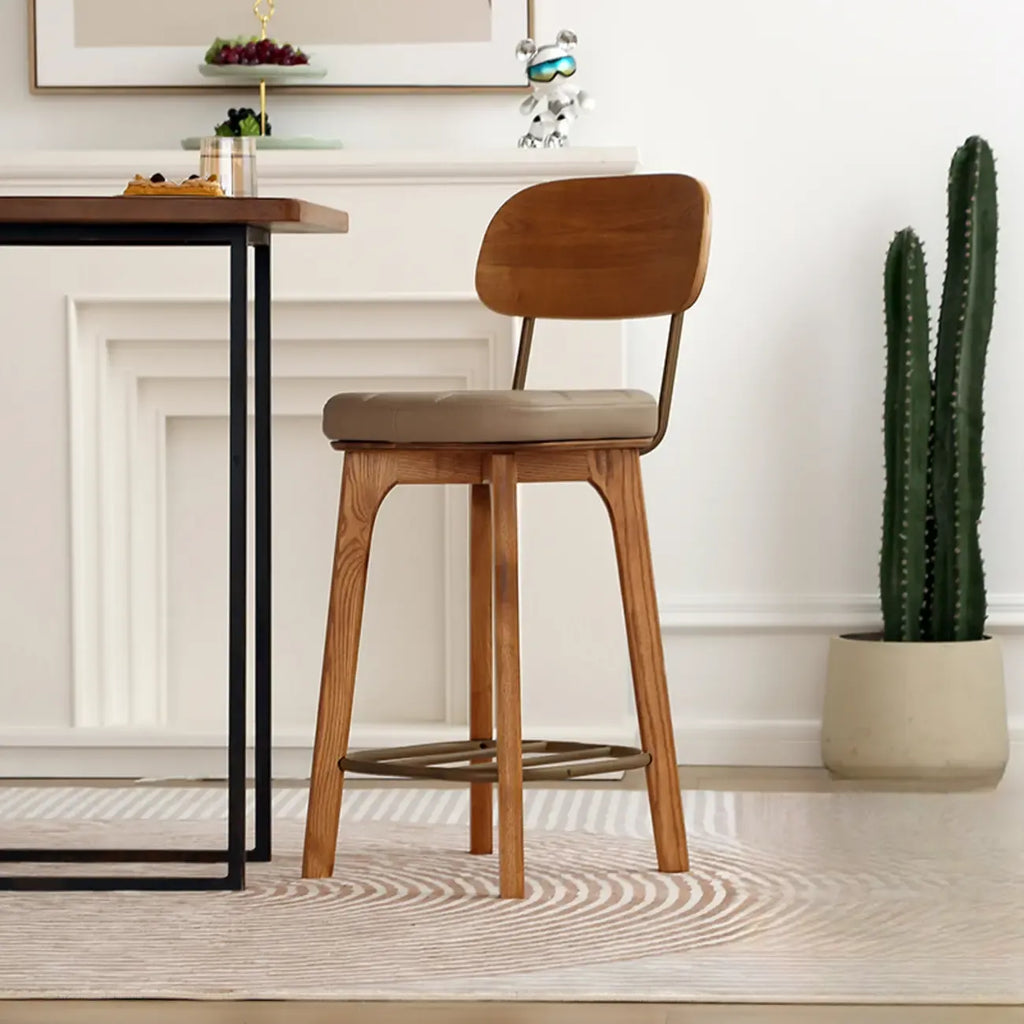 Wooden Square Leather Upholstered Bar Stool with Backrest