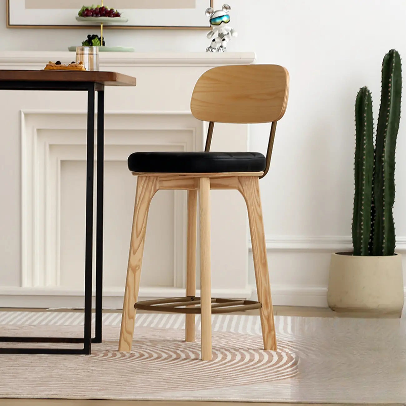Wooden Square Leather Upholstered Bar Stool with Backrest
