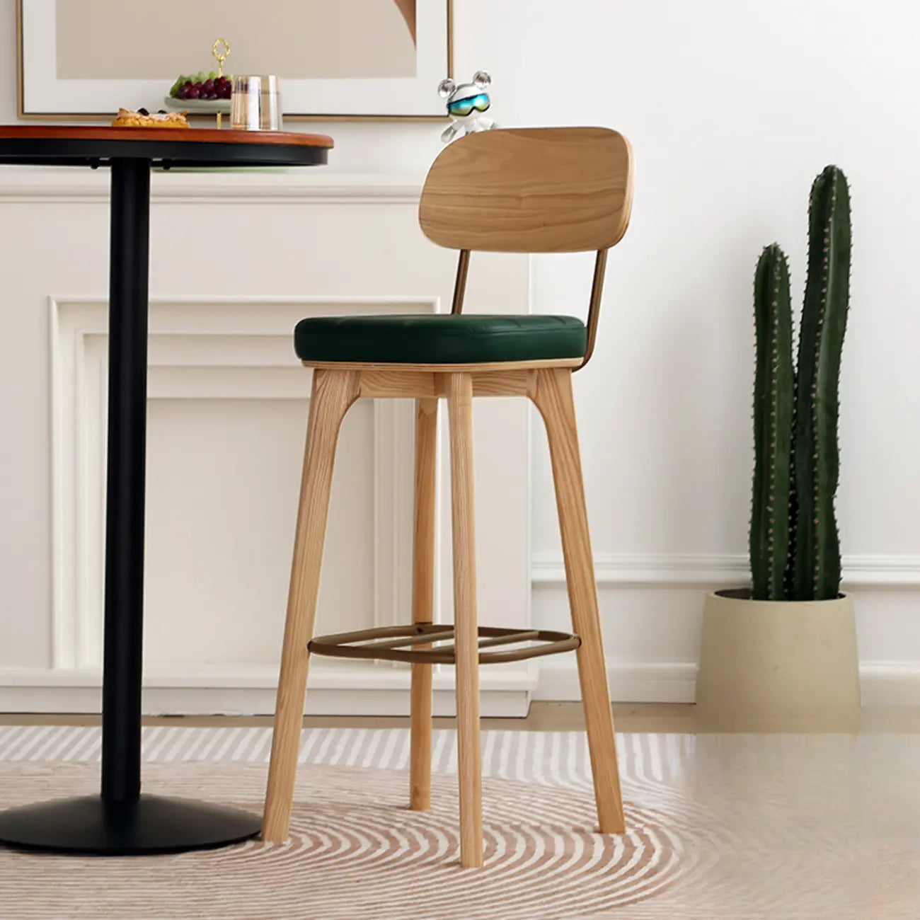 Wooden Square Leather Upholstered Bar Stool with Backrest
