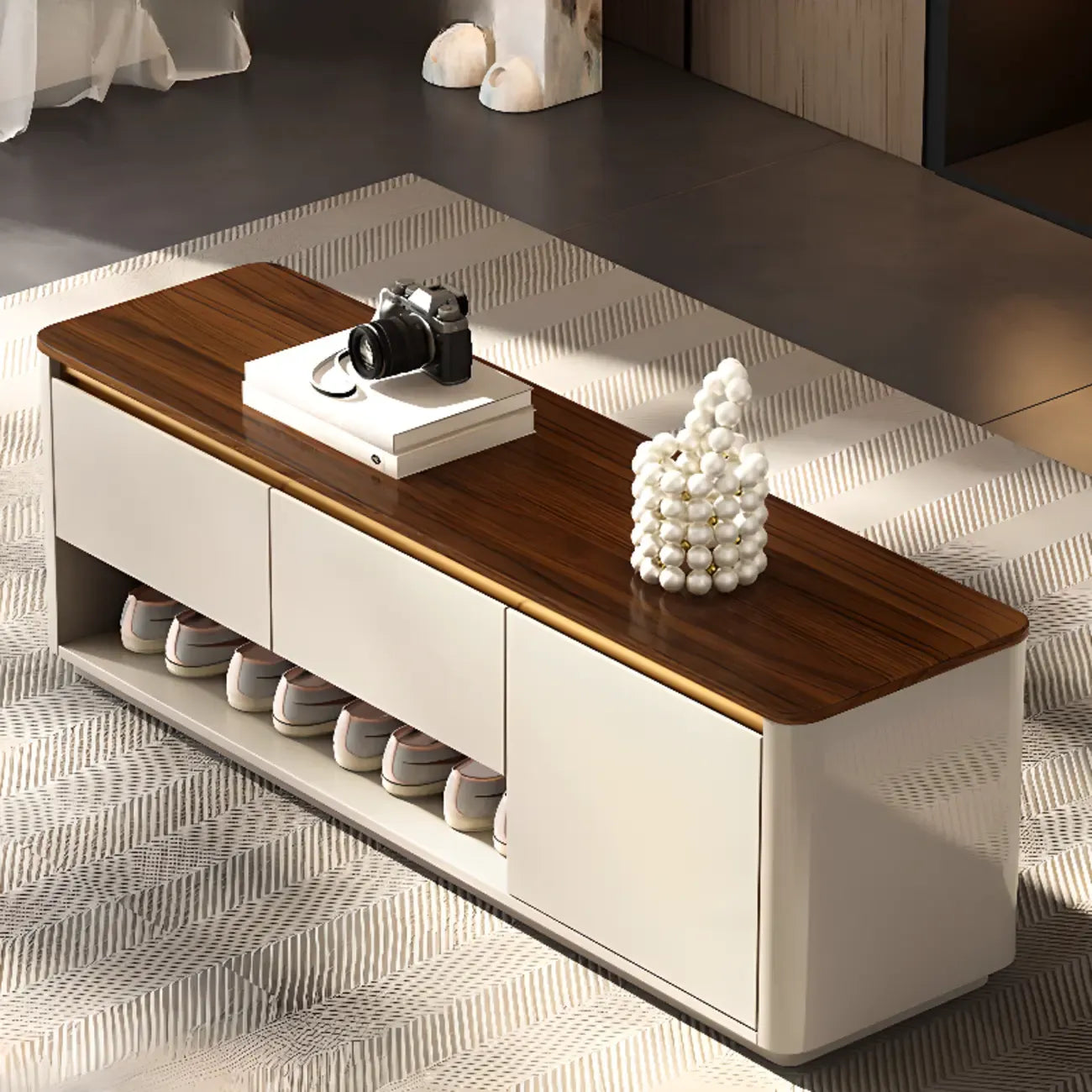 2-Drawer Brown Wooden Entryway Bench with Shoe Storage