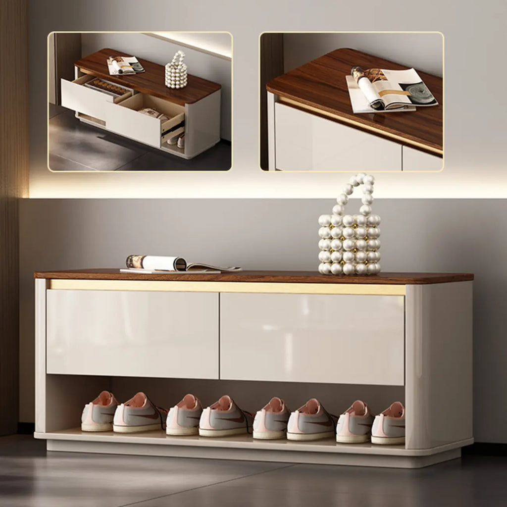 2-Drawer Brown Wooden Entryway Bench with Shoe Storage