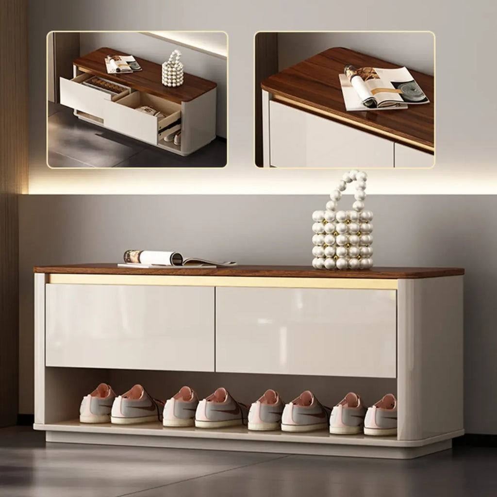 2-Drawer Brown Wooden Entryway Bench with Shoe Storage
